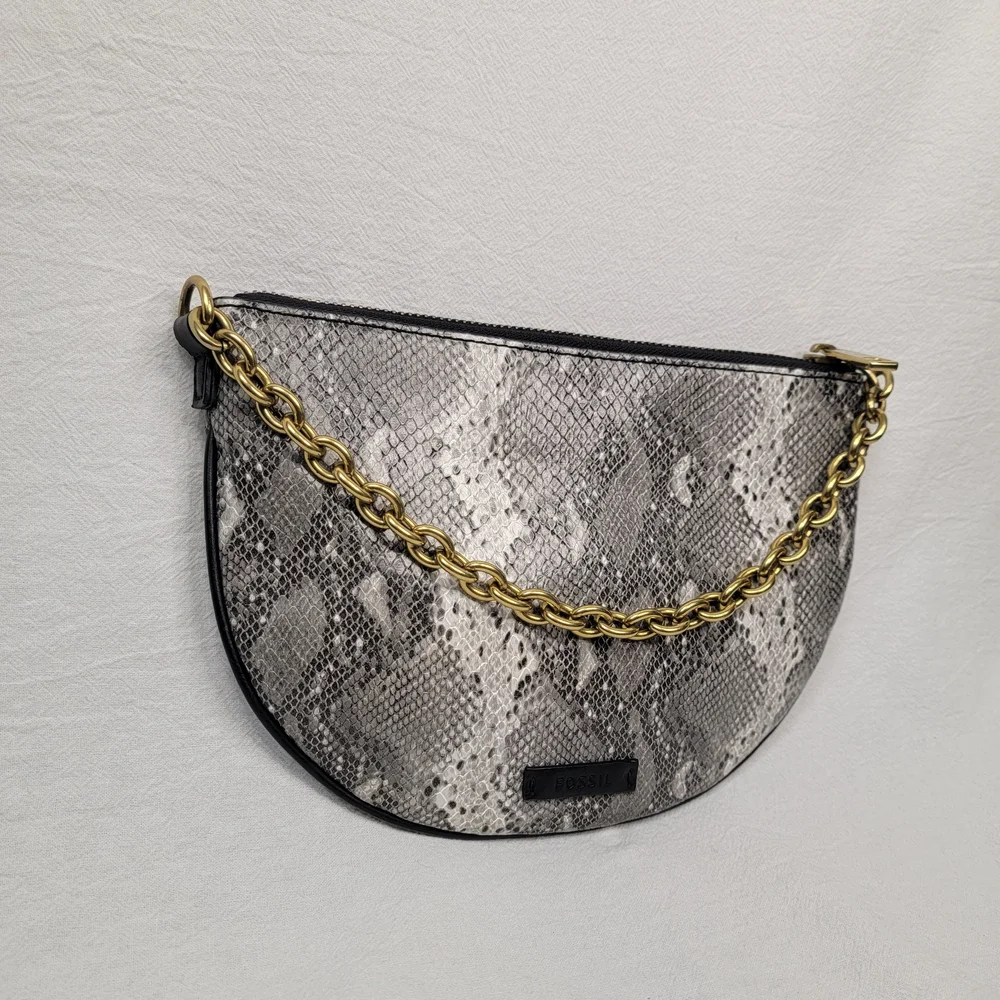 Fossil Gray Snakeskin Print Half Moon Clutch Bag Shoulder Purse Gold Chain MCM - Picture 6 of 9